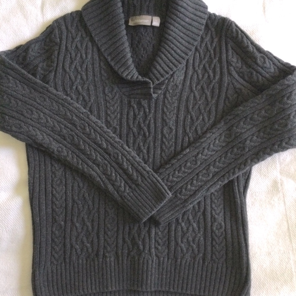 Women’s Cotton V Neck Cable Knit Sweater Sz L Dark Gray